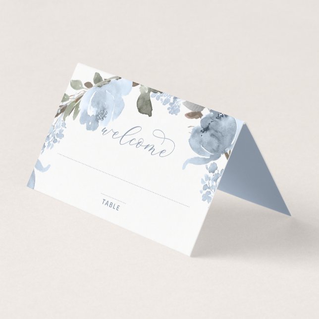 Hochzeitliche Platzkarten Dusty Blue Soft Watercol (Vorderseite)