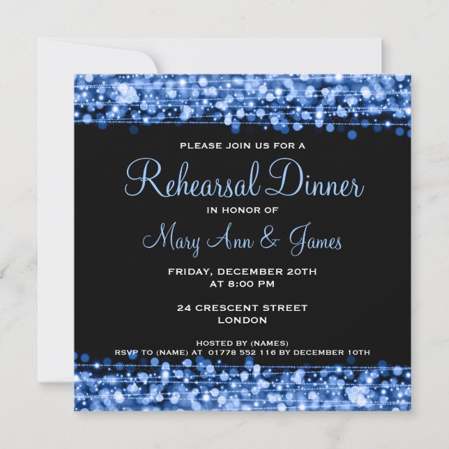 Hochzeitliche Probe Abendessen Glitzern Blau Einladung (Vorderseite)