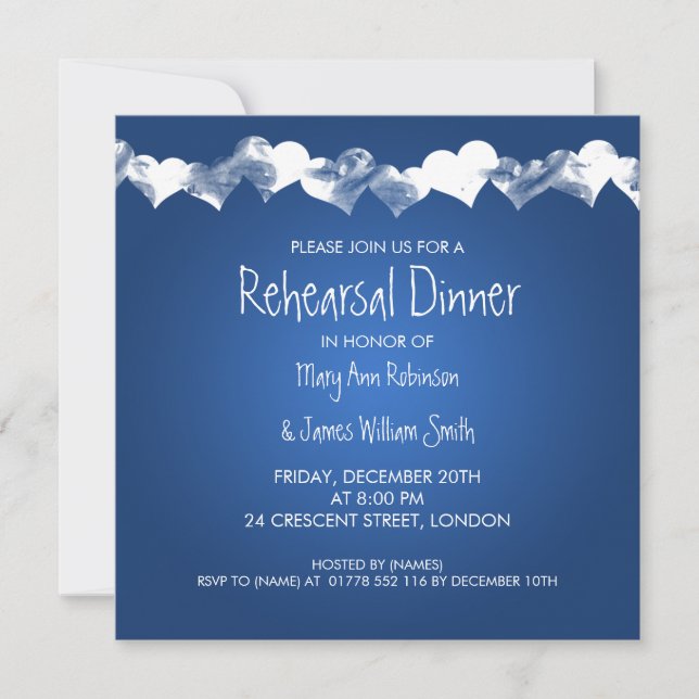 Hochzeitliche Probe Abendessen Grunge Herz Blau Einladung (Vorderseite)