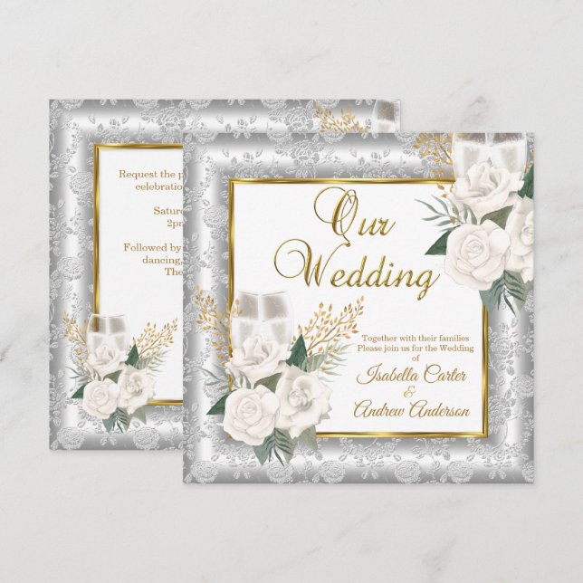 Hochzeitliche Rose Champagner Gold Silbermedaille Einladung (Vorne/Hinten)