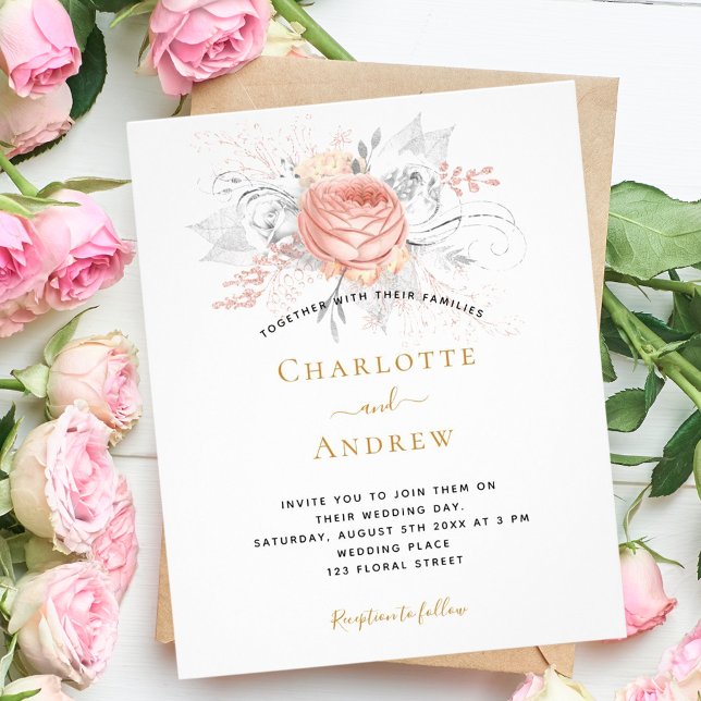 Hochzeitliche Rose Gold Blumen Silber Einladung Flyer (Von Creator hochgeladen)