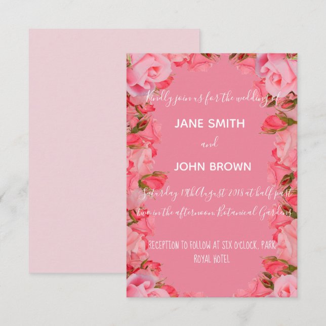 Hochzeitliche Rose mit Blumenmotiven und rosa Einladung (Vorne/Hinten)