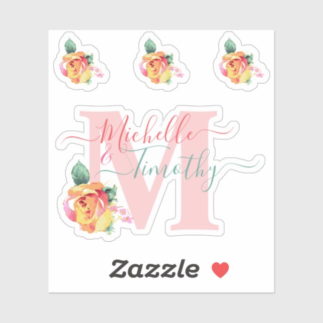 Hochzeitliche Rose Wasserfarbe Blumenbrief Initial Aufkleber (Blatt)
