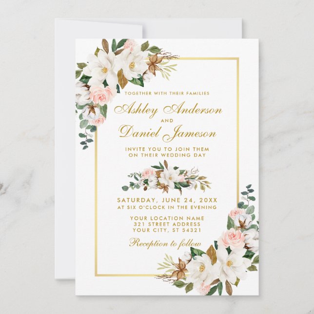 Hochzeitliche Rose Watercolor Magnolias Einladung (Vorderseite)