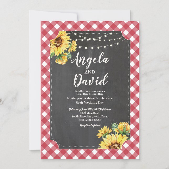 Hochzeitliche Rote Sonnenblume Gingham Floral Ligh Einladung (Vorderseite)