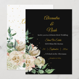 Hochzeitliche Schwarz-weiße Elegante Blumenrosa Ro Einladung