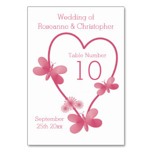 Hochzeitliche Tischnummer Rosa Herz und Schmetterl