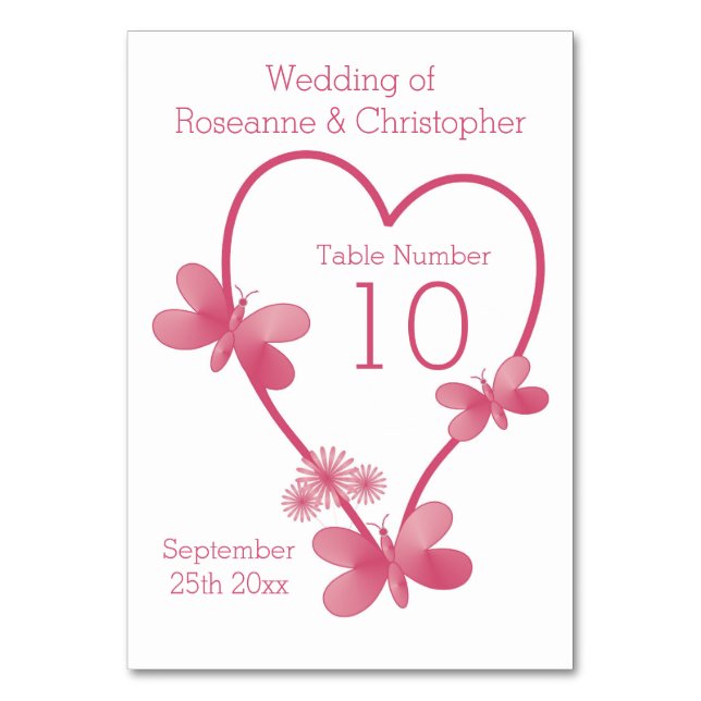 Hochzeitliche Tischnummer Rosa Herz und Schmetterl (Vorderseite)
