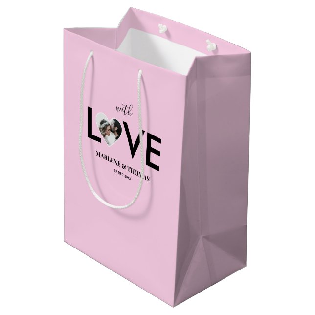 Hochzeitliche Verlobung - Foto - Rosa Herzrahmen Mittlere Geschenktüte (Rückseite Schrägansicht)