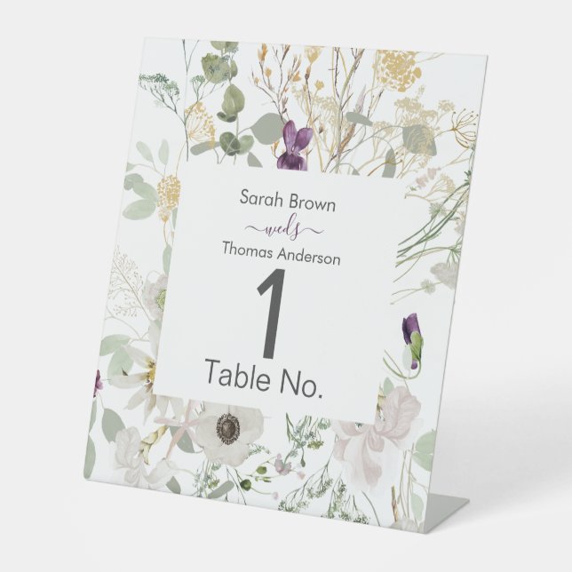 Hochzeitliche WILDBLUME GELB UND LILA Sockelschild (Vorderseite)