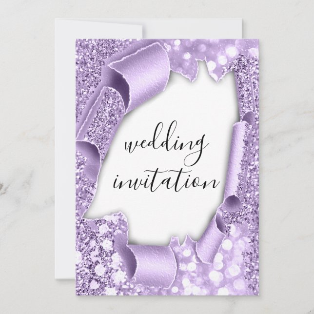 Hochzeitlicher 3D-Effekt Eleganter Lila Glitzer Einladung (Vorderseite)