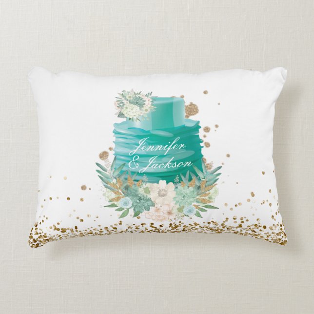 Hochzeitlicher aquamariner Imitat Goldener individ Dekokissen (Vorderseite)