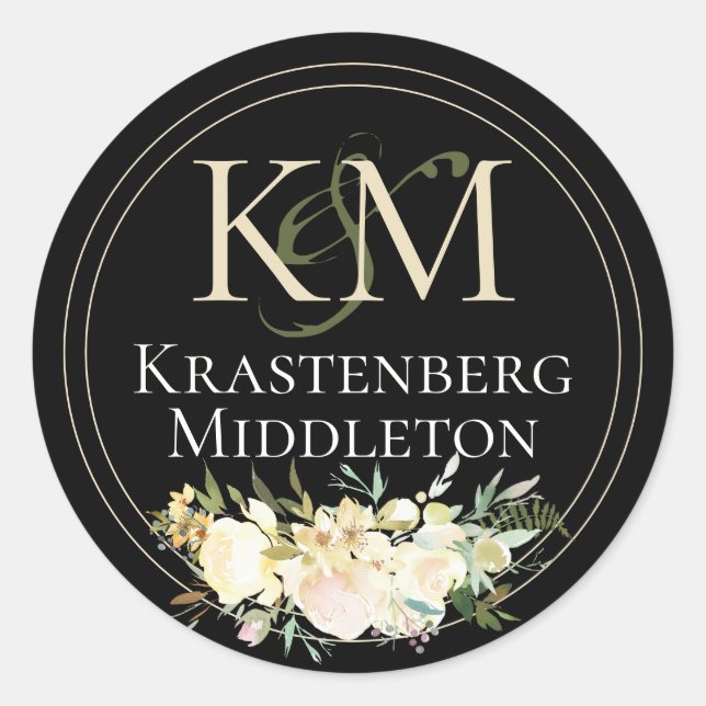 Hochzeitlicher Name für Monogramm Cream Black Runder Aufkleber (Vorderseite)