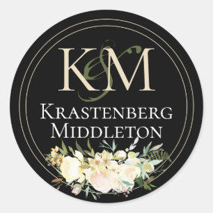 Hochzeitlicher Name für Monogramm Cream Black Runder Aufkleber