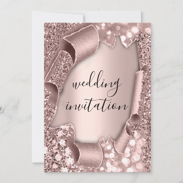 Hochzeitlicher Rose 3D-Effekt Erröten Glitzer Einladung (Vorderseite)