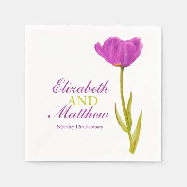 Hochzeitlicher Single lila Tulpenkunst mit dem Nam Serviette (Vorderseite)