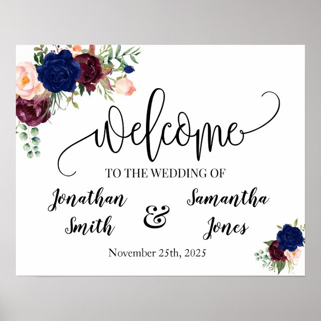 Hochzeitliches Begrüßungsschild, bordeauxfarbenes  Poster (Vorne)