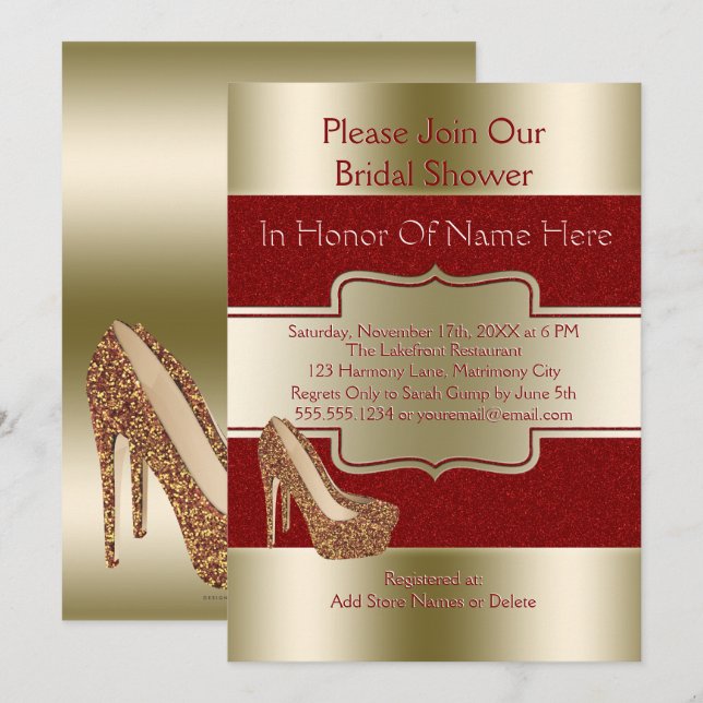 Hochzeitliches Brautparty| Red Gold Glitzer Shoes Einladung (Vorne/Hinten)