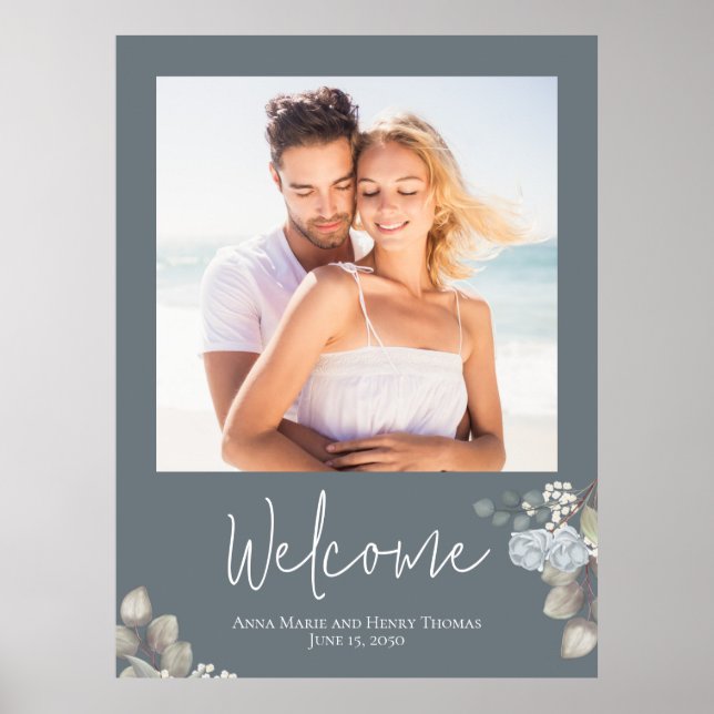 Hochzeitliches Foto Blumenblau Wasserfarbe Elegant Poster (Vorne)