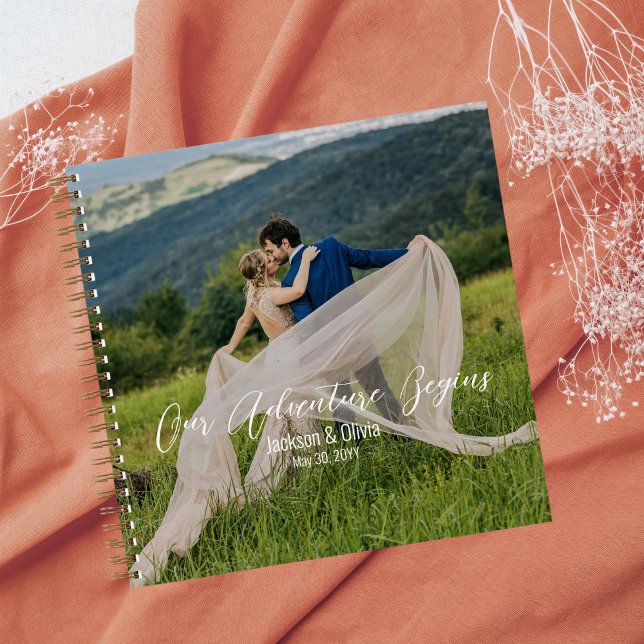 Hochzeitliches Foto, elegantes Gold und weiße Schr Notizbuch (Von Creator hochgeladen)