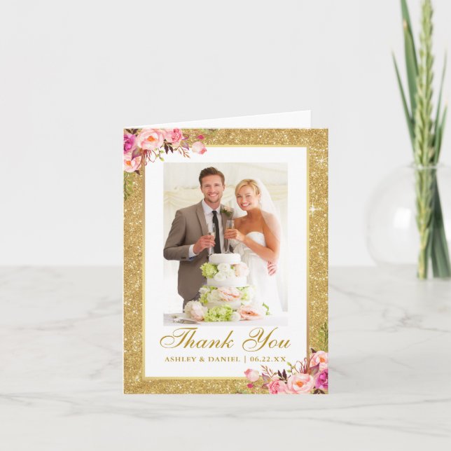 Hochzeitliches Foto Gold Glitzer Rosa Blütennote Dankeskarte (Vorderseite)