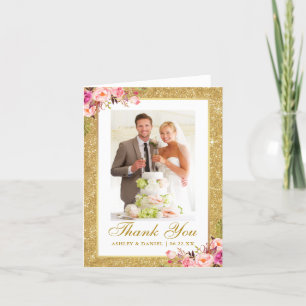 Hochzeitliches Foto Gold Glitzer Rosa Blütennote Dankeskarte