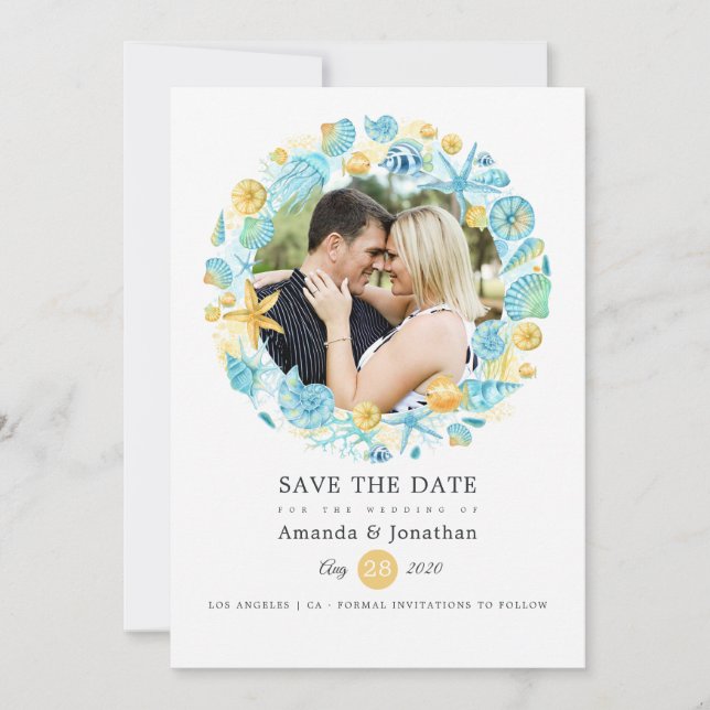 Hochzeitliches Foto in Blau und Gelb Meer Save The Date (Vorderseite)