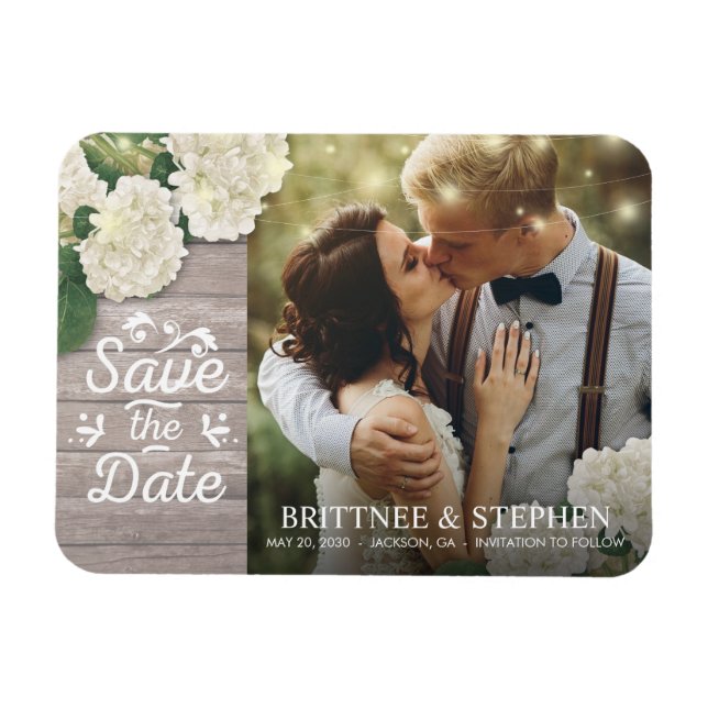 Hochzeitliches Foto Save the Date Hydrangeas Light Magnet (Horizontal)