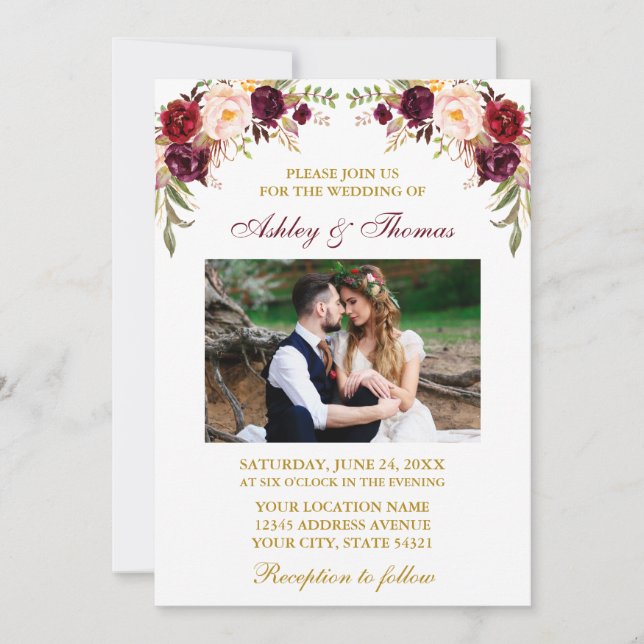 Hochzeitliches Foto Watercolor Burgund Einladung (Vorderseite)