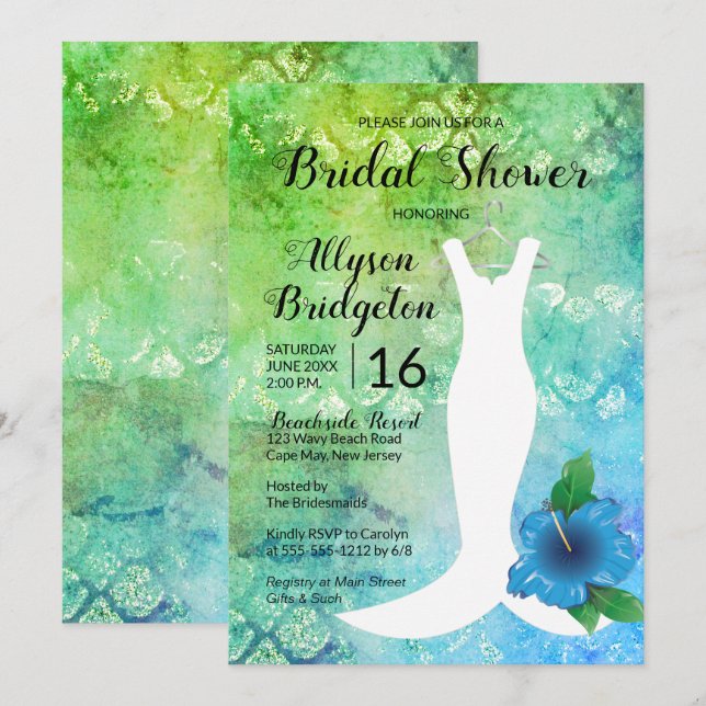Hochzeitliches Gown Beach Themed Brautparty Einladung (Vorne/Hinten)
