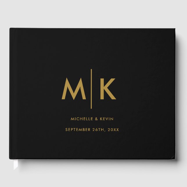 Hochzeitliches, modernes Monogramm-Schwarzes Gold Gästebuch (Vorderseite)