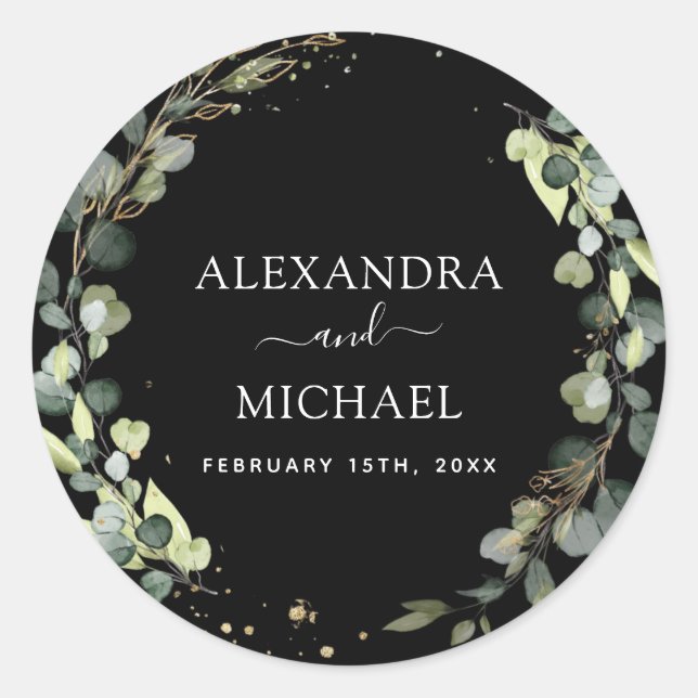 Hochzeitliches Siegel Eukalyptus Schwarzer Grüner  Runder Aufkleber (Vorderseite)
