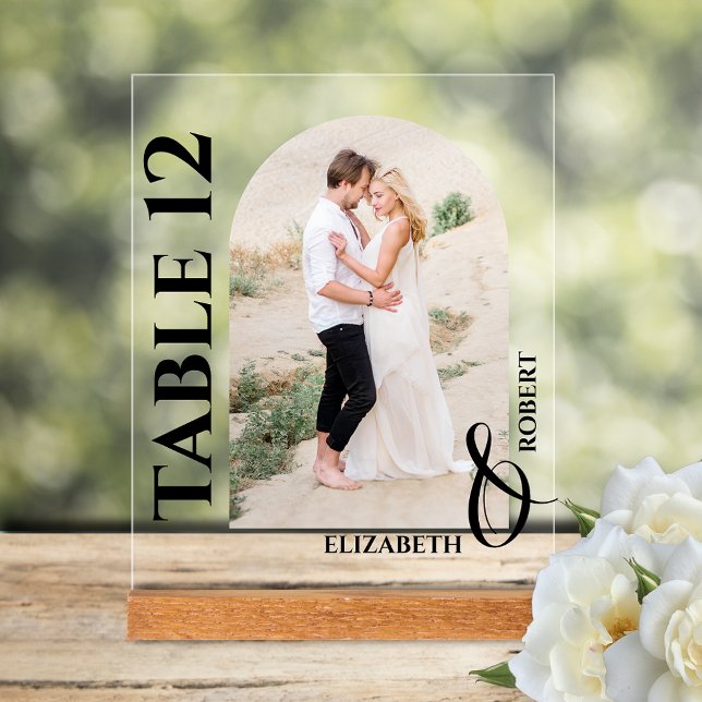Hochzeitliches Tischnummer Arched Foto Acrylschild (Wedding table number arched photo acrylic tabletop sign)