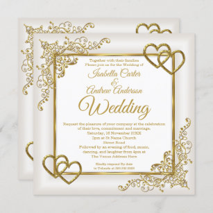Hochzeitliches Vintages Creme White Gold Hearts Fo Einladung