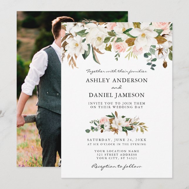 Hochzeitliches Watercolor Magnolias Rose Foto Einladung (Vorne/Hinten)