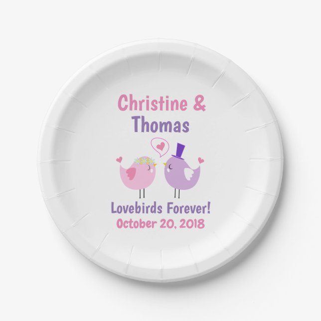 Hochzeitlovebirds Niedlich Rosa Lila Pappteller (Vorderseite)