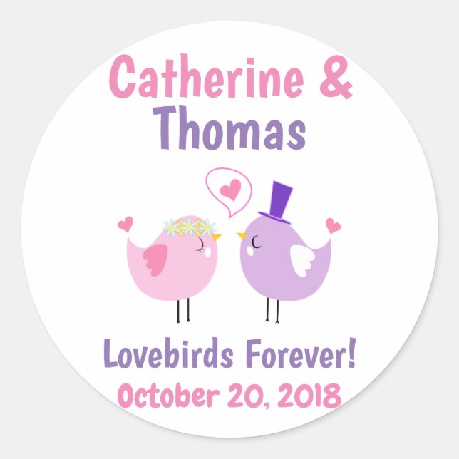 Hochzeitlovebirds Niedlich Rosa Lila Runder Aufkleber (Vorderseite)