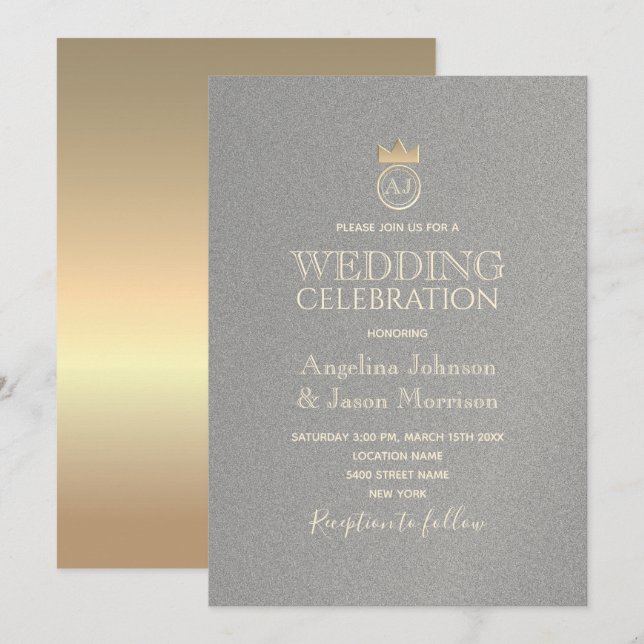 Hochzeitluxuriöse Silver and Gold Monogram Einladung (Vorne/Hinten)