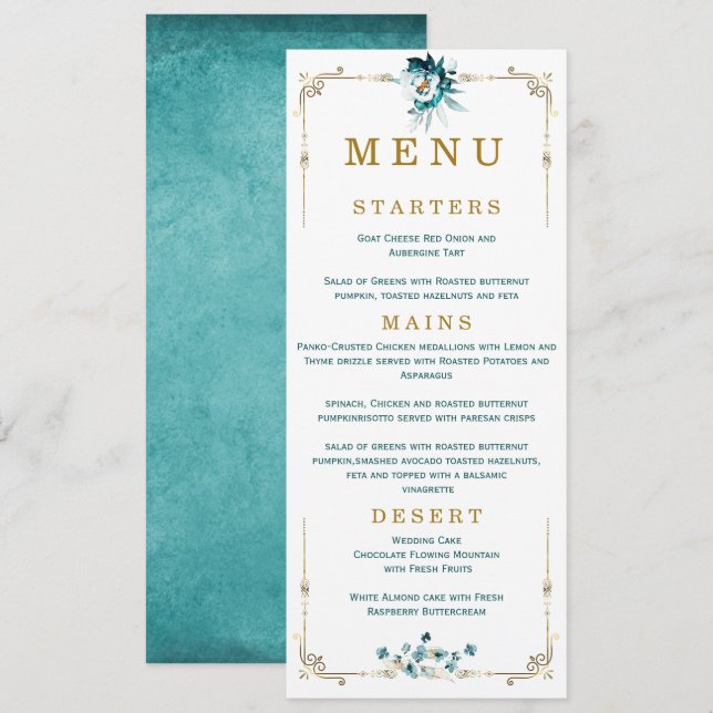 Hochzeitmenü Aquamarin- und Goldkarten Menükarte (Vorne/Hinten)
