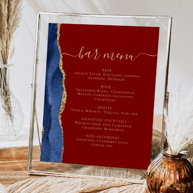 Hochzeitmenü Bar Navy Blue Gold Agate Burgundy Poster (Von Creator hochgeladen)