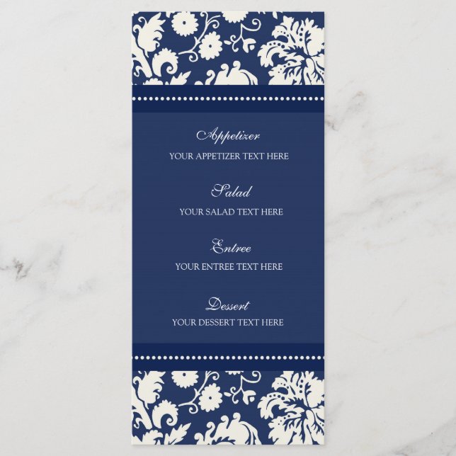 Hochzeitmenü Blue Floral Damask Menükarte (Vorderseite)
