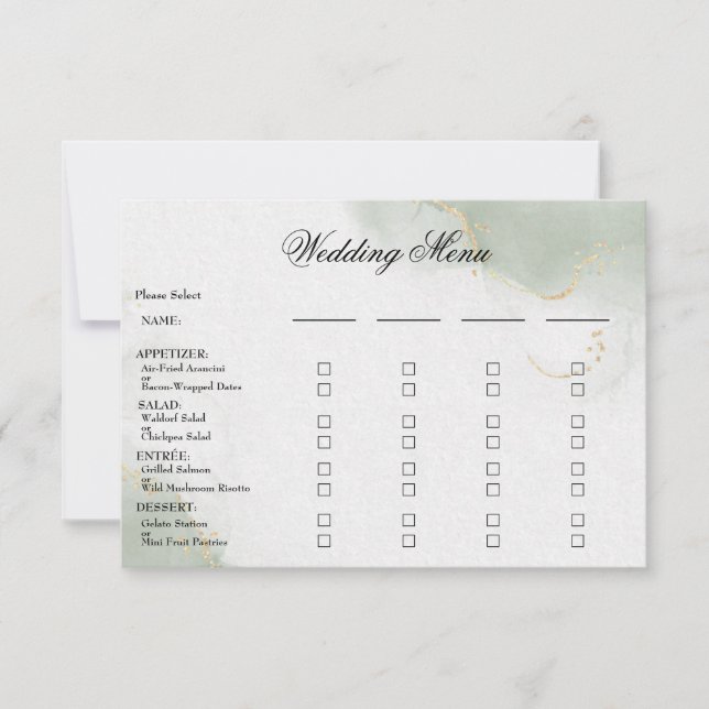 Hochzeitmenü Gold Mute Sage Green RSVP Karte (Vorderseite)