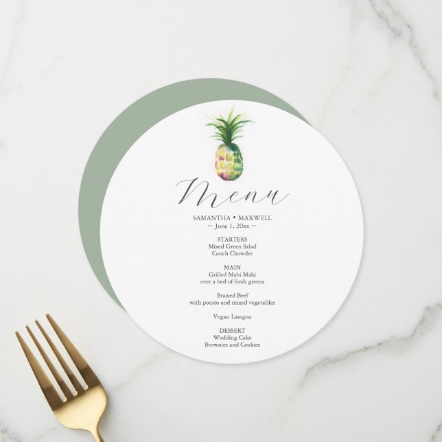 Hochzeitmenü Karte Tropische Ananas (Vorderseite/Rückseite Beispiel)