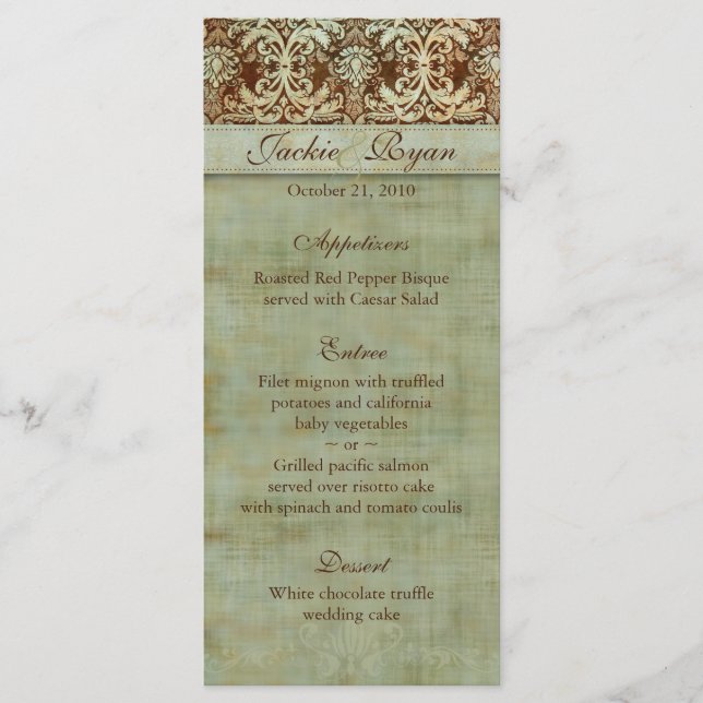 Hochzeitmenü Karten Damask Brown Green Vintag (Vorderseite)