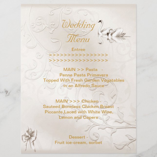 Hochzeitmenü Programm Swans Cream White Bow Set (Vorderseite)