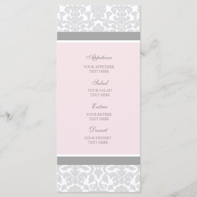 Hochzeitmenü Rosa Grau Damask Menükarte (Vorderseite)