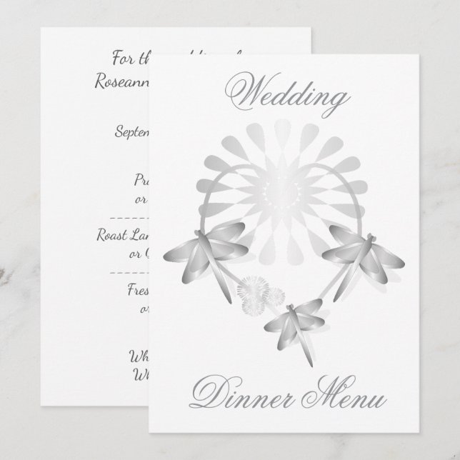 Hochzeitmenü Silberdrachenfliegen Herz Menükarte (Vorne/Hinten)