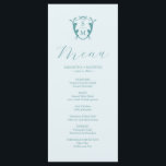 Hochzeitmenüs Einfaches Monogramm Wappen Blau Menükarte<br><div class="desc">Dieses elegante Hochzeitsmenü bietet ein einfaches Monogramm-Wappen mit den Initialen der Braut und des Bräutigams. Das Wort "Menü" ist Set in Kalligraphie-Skript. Verwenden Sie die Vorlagenfelder,  um Ihre benutzerdefinierten Menüelemente auf einem hellblauen Hintergrund türkisfarben hinzuzufügen. Ideal für Hochzeiten,  Probe Dinner,  Verlobungsfeiern und vieles mehr.</div>
