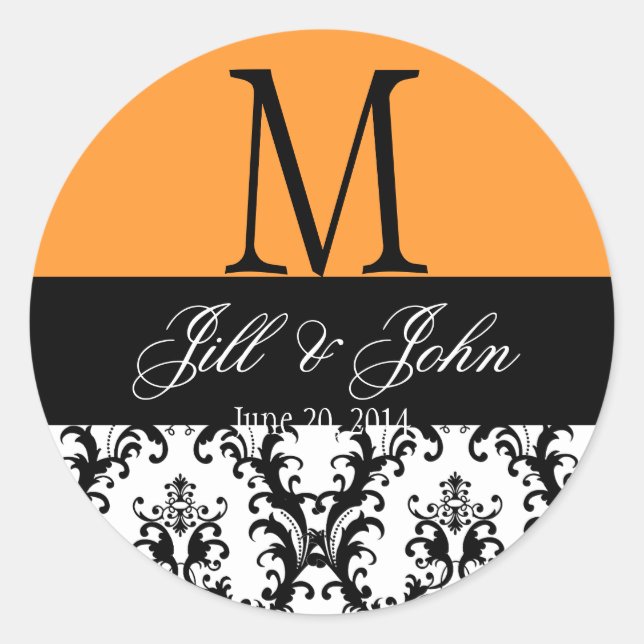 Hochzeitmonogramm Rett Damask Orange Siegel Runder Aufkleber (Vorderseite)
