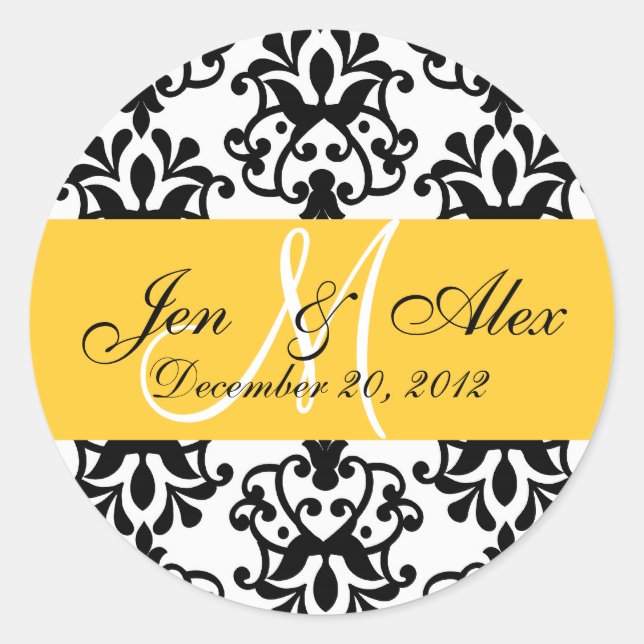 Hochzeitmonogramm Rett Date Yellow Damask Siegel Runder Aufkleber (Vorderseite)
